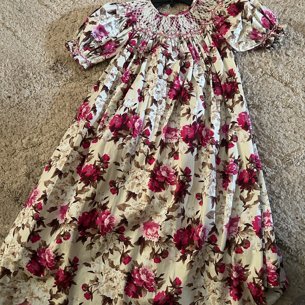Girls Cream Floral Smocked Dress with Pink Flowers